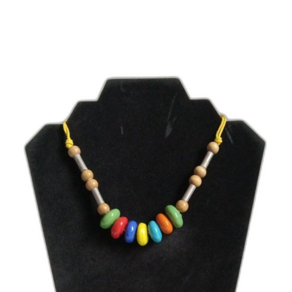 Vintage Colorful Ceramic Glass and Wood Beads Single Strand Maximalist Necklace